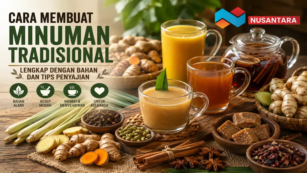 Cara membuat minuman tradisional menggunakan bahan alami seperti jahe, kunyit, serai, madu, dan gula aren dengan logo Solusi Klik Nusantara.