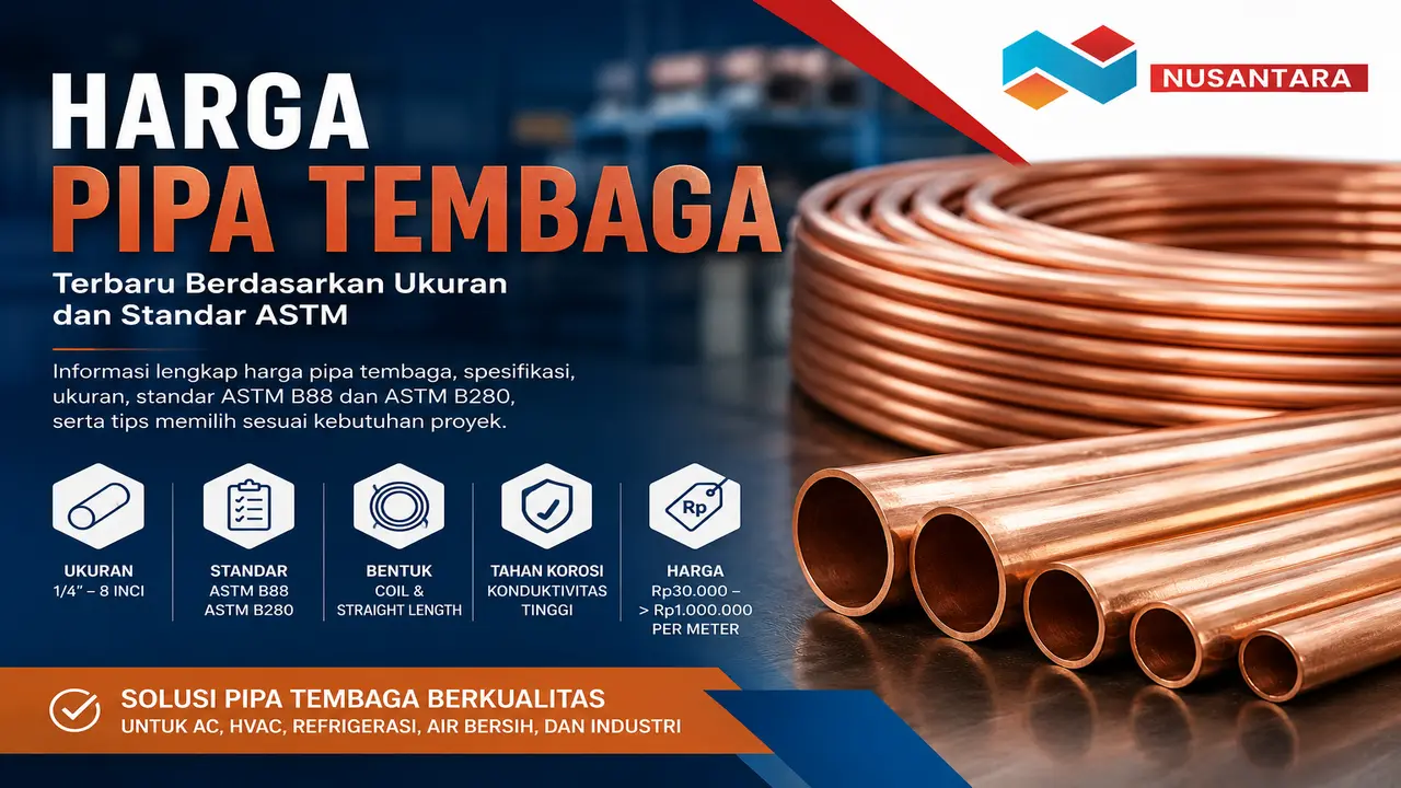 Harga pipa tembaga terbaru berdasarkan ukuran, standar ASTM B88 dan ASTM B280 untuk kebutuhan AC, HVAC, refrigerasi, distribusi air, dan industri dari Solusi Klik Nusantara.