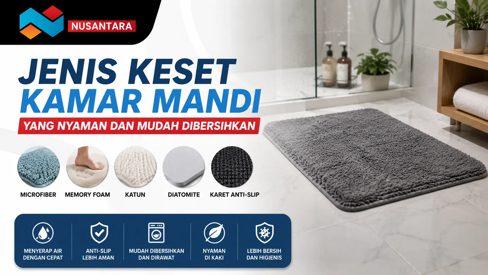 Jenis keset kamar mandi berbahan microfiber, memory foam, katun, diatomite, dan karet anti-slip yang nyaman serta mudah dibersihkan.