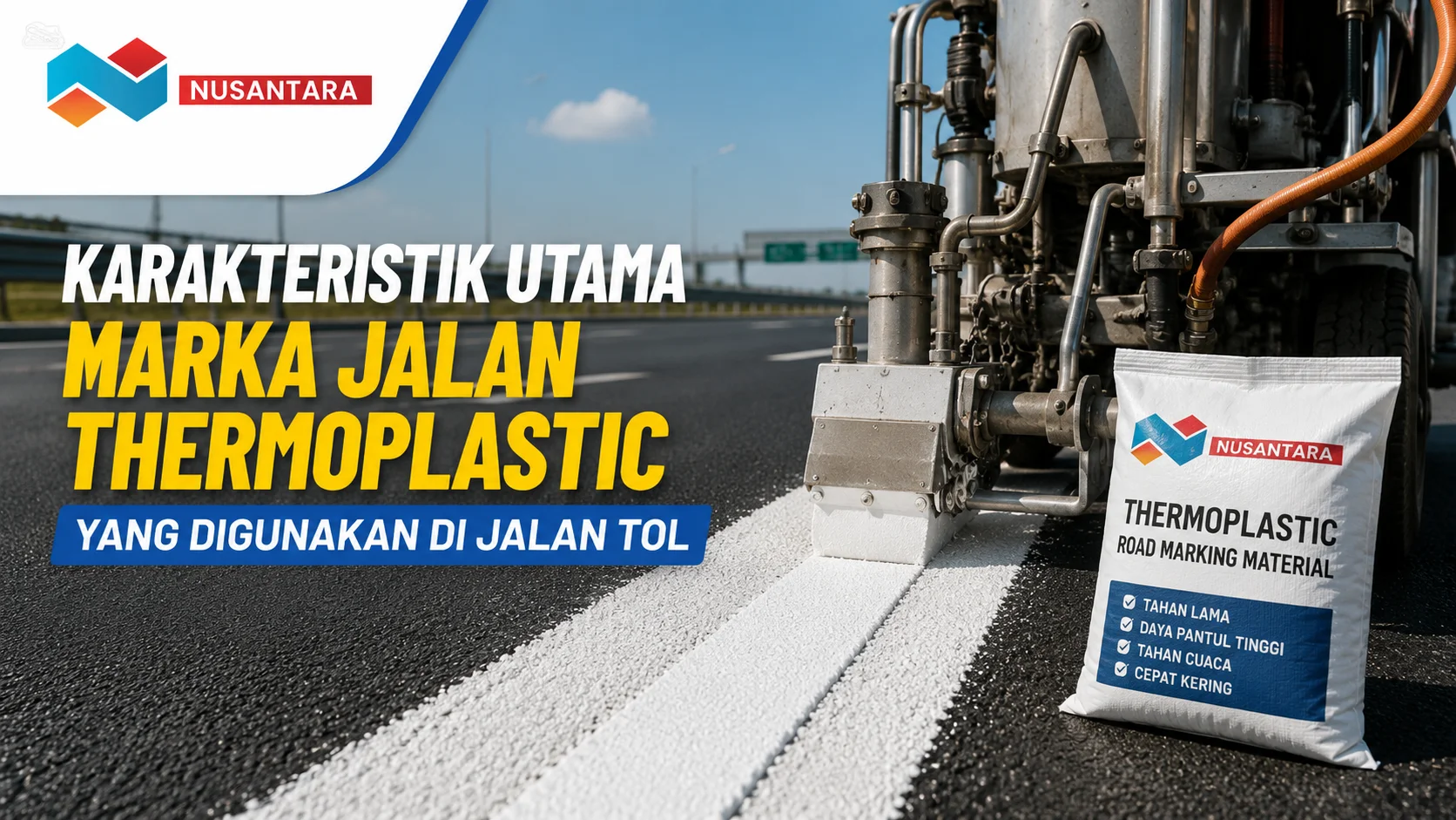 Ilustrasi material marka jalan thermoplastic dan mesin aplikasi yang digunakan untuk membuat garis marka di jalan tol.