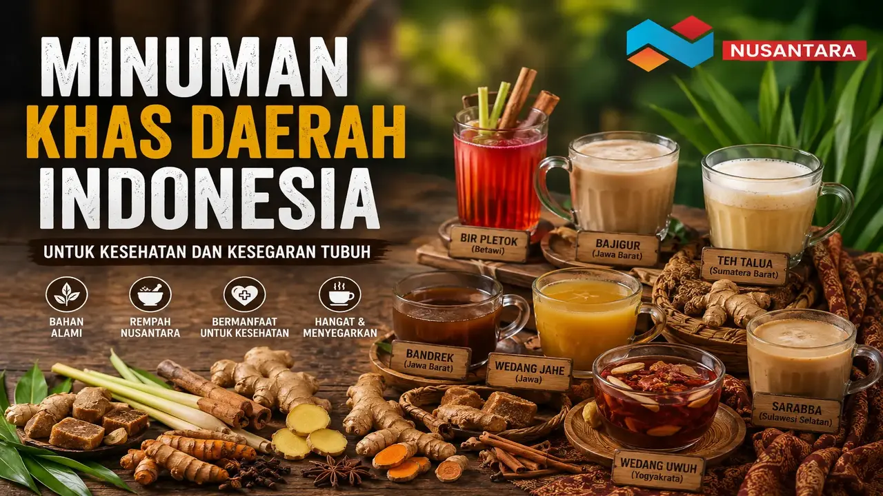 Minuman khas daerah Indonesia seperti wedang jahe, bajigur, bandrek, bir pletok, dan kunyit asam dengan rempah alami untuk kesehatan dan kesegaran tubuh.