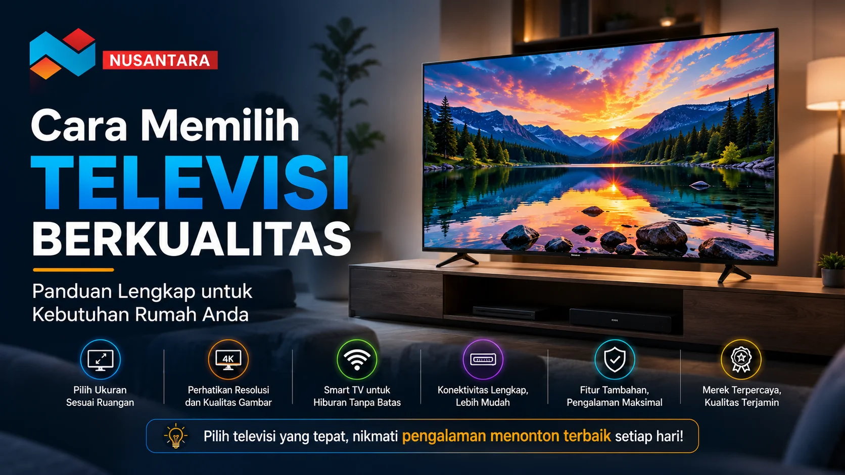 Gambar televisi modern di ruang keluarga dengan panduan memilih TV berkualitas, menampilkan aspek ukuran layar, resolusi, Smart TV, konektivitas, dan fitur tambahan.