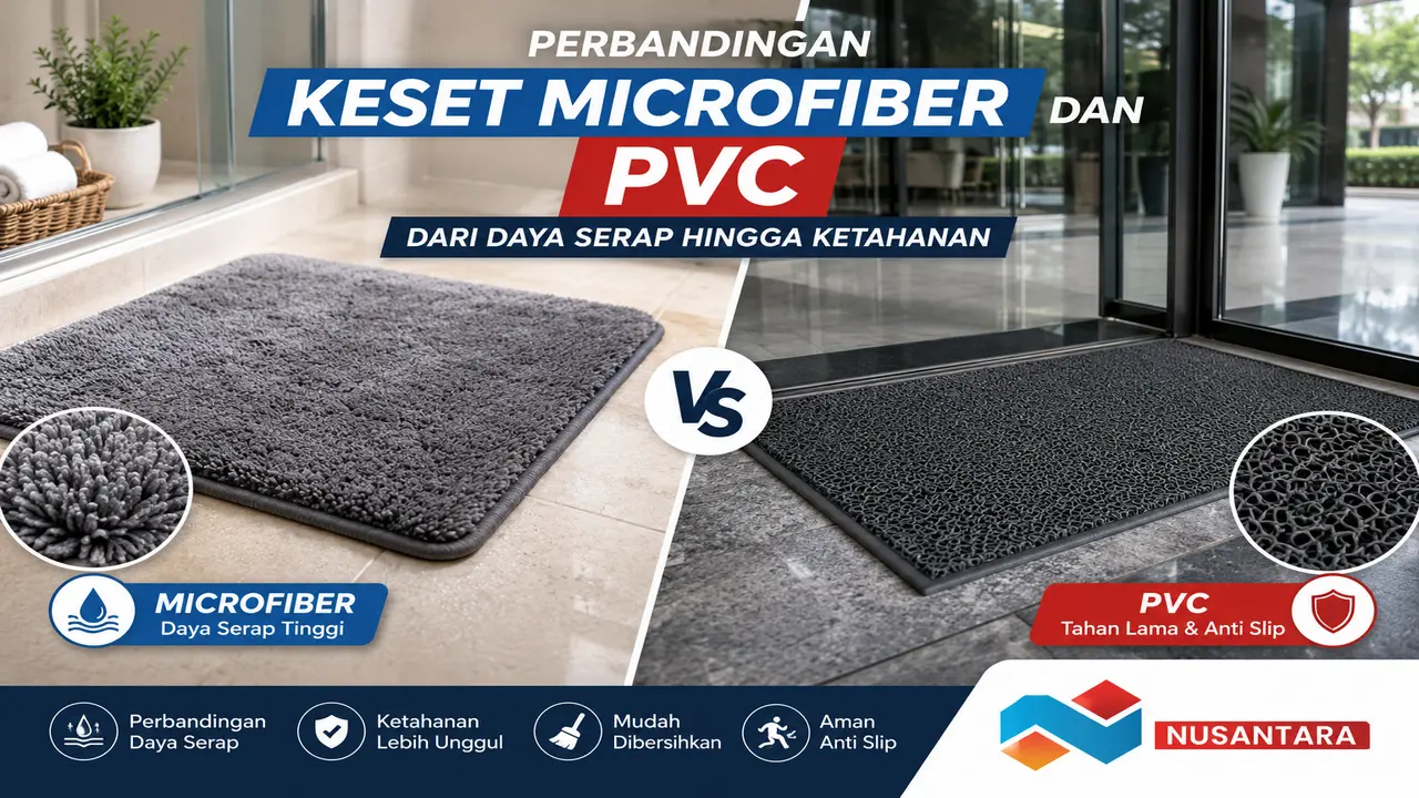 Perbandingan keset microfiber dan PVC berdasarkan daya serap air, ketahanan, dan penggunaan untuk area rumah maupun gedung perkantoran.