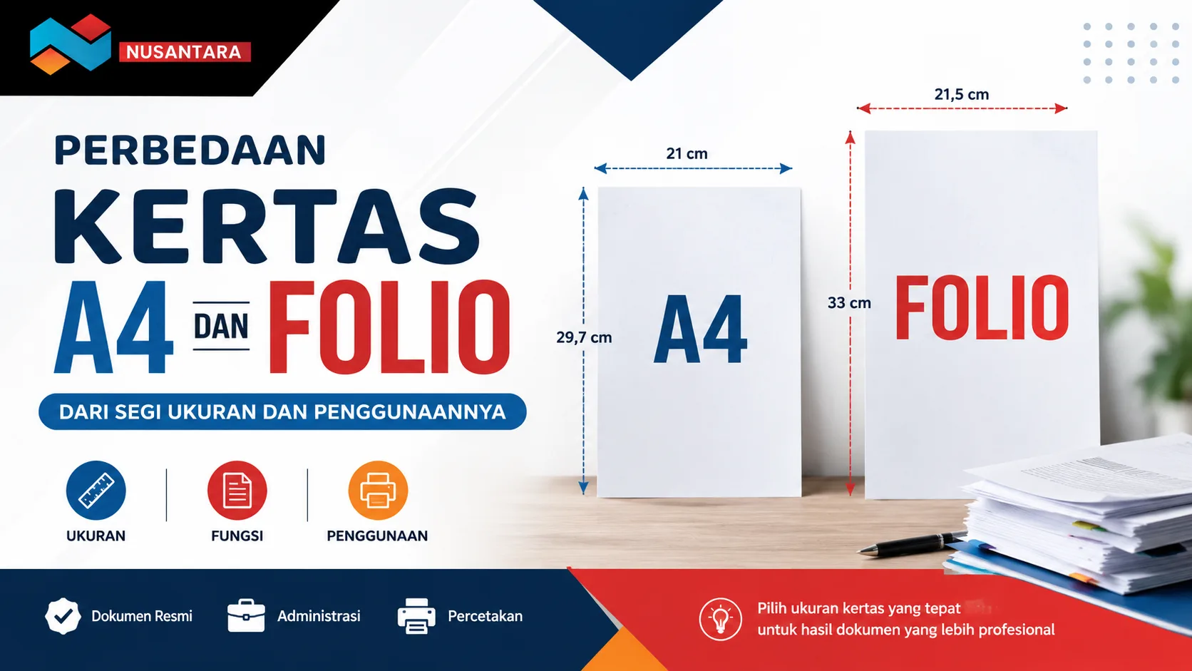Ilustrasi gambar perbedaan A4 dan folio dari segi ukuran, dimensi, fungsi, dan penggunaannya untuk dokumen administrasi, percetakan, serta kebutuhan perkantoran.