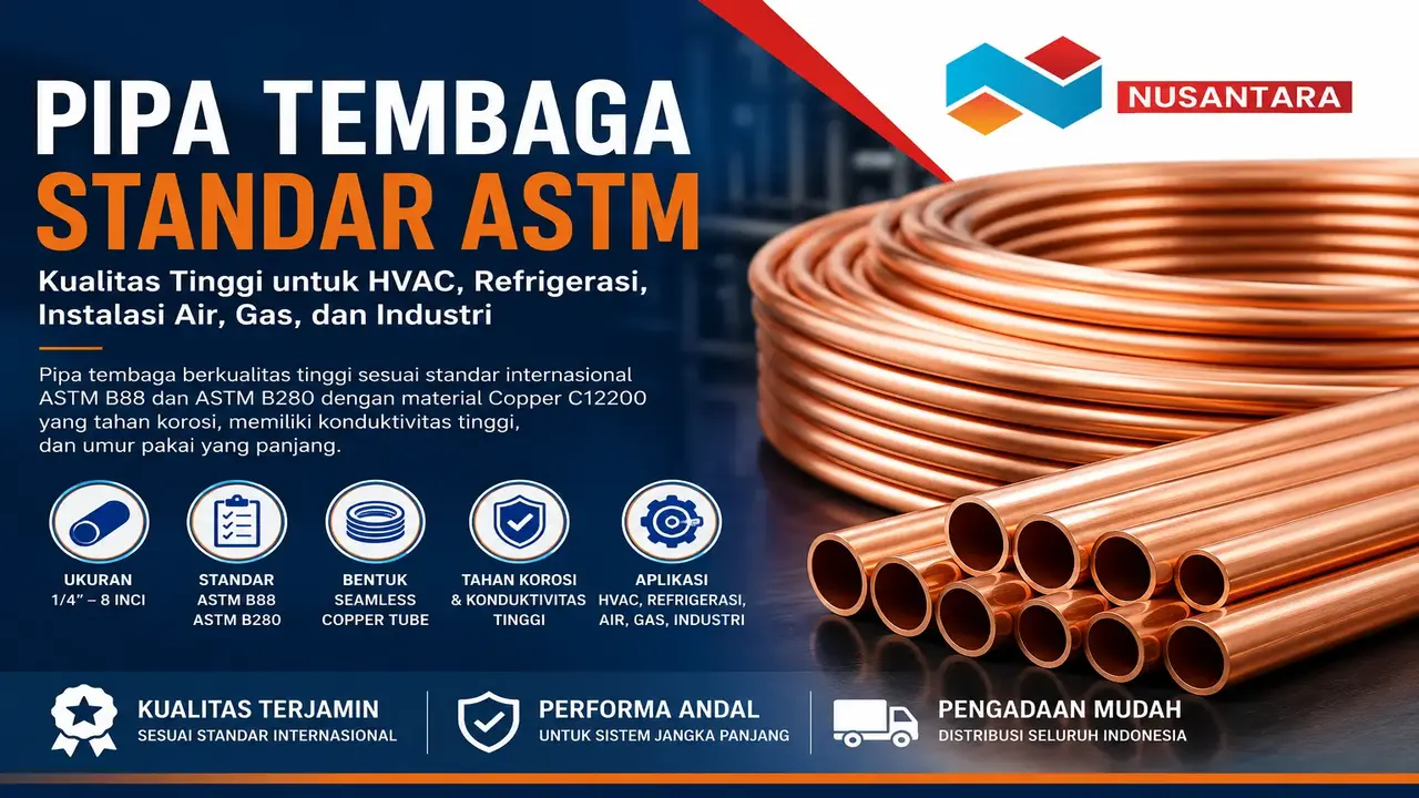 Pipa tembaga standar ASTM B88 dan ASTM B280 dengan material Copper C12200 untuk kebutuhan HVAC, refrigerasi, instalasi air, distribusi gas, dan aplikasi industri | Solusi Klik Nusantara