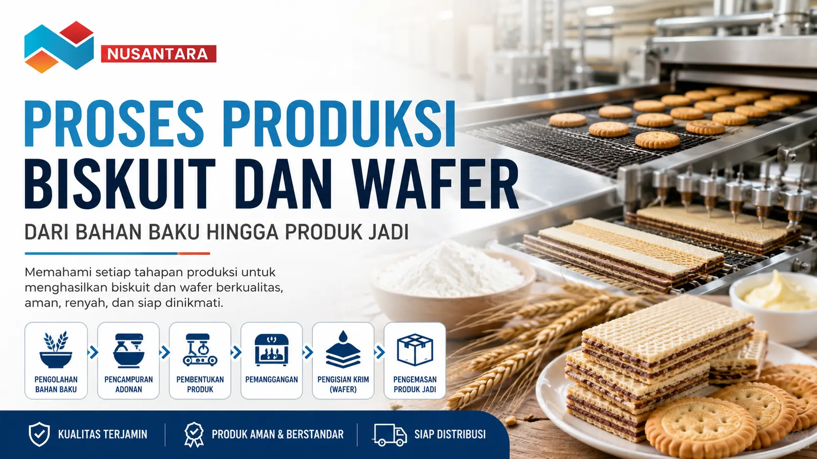 Ilustrasi gambar proses produksi biskuit dan wafer dari bahan baku, pencampuran adonan, pembentukan produk, pemanggangan, hingga pengemasan produk jadi