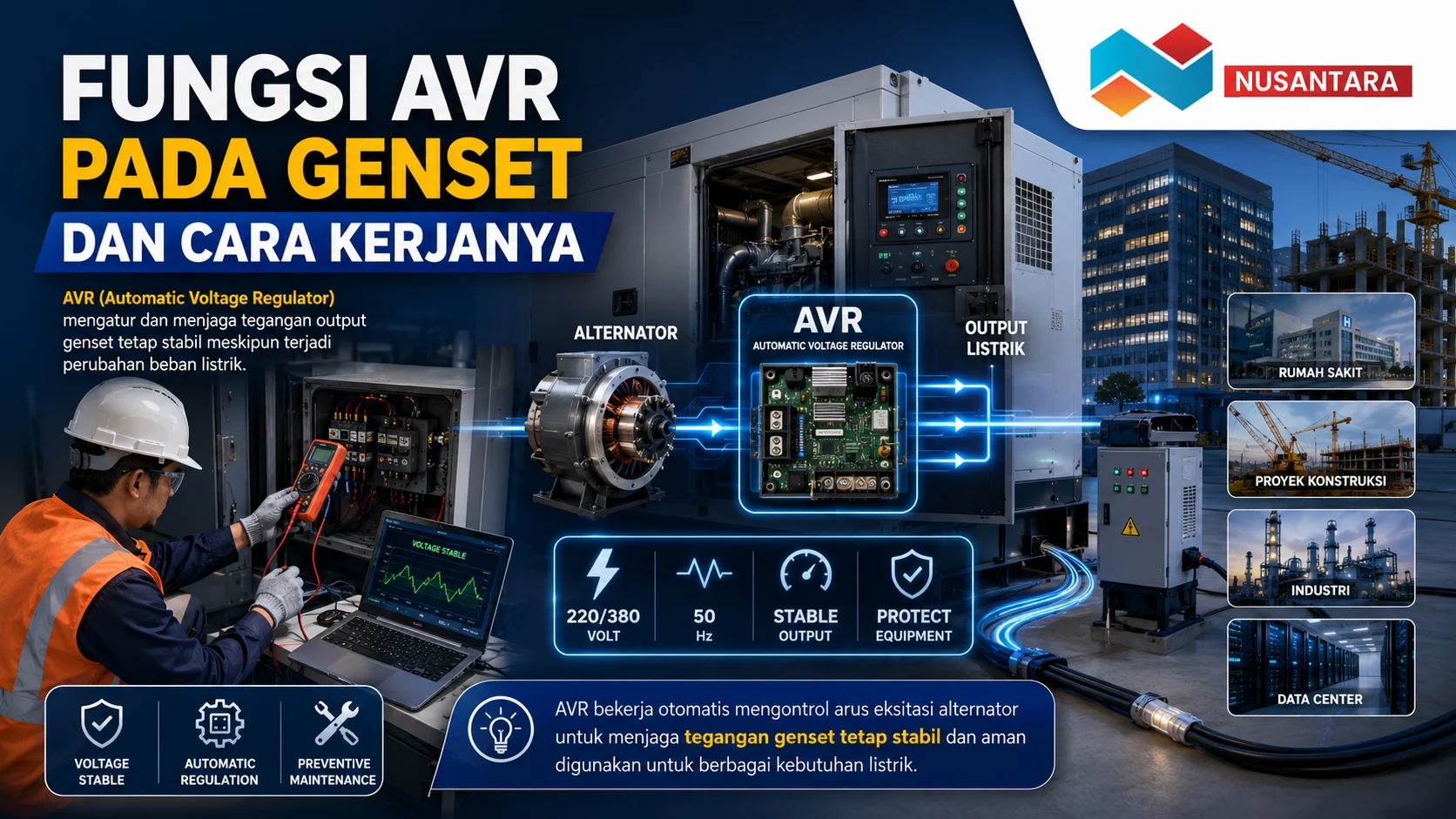 Fungsi AVR pada Genset dalam menjaga stabilitas tegangan listrik melalui Automatic Voltage Regulator (AVR) yang mengontrol output generator set agar tetap stabil untuk kebutuhan standby power.
