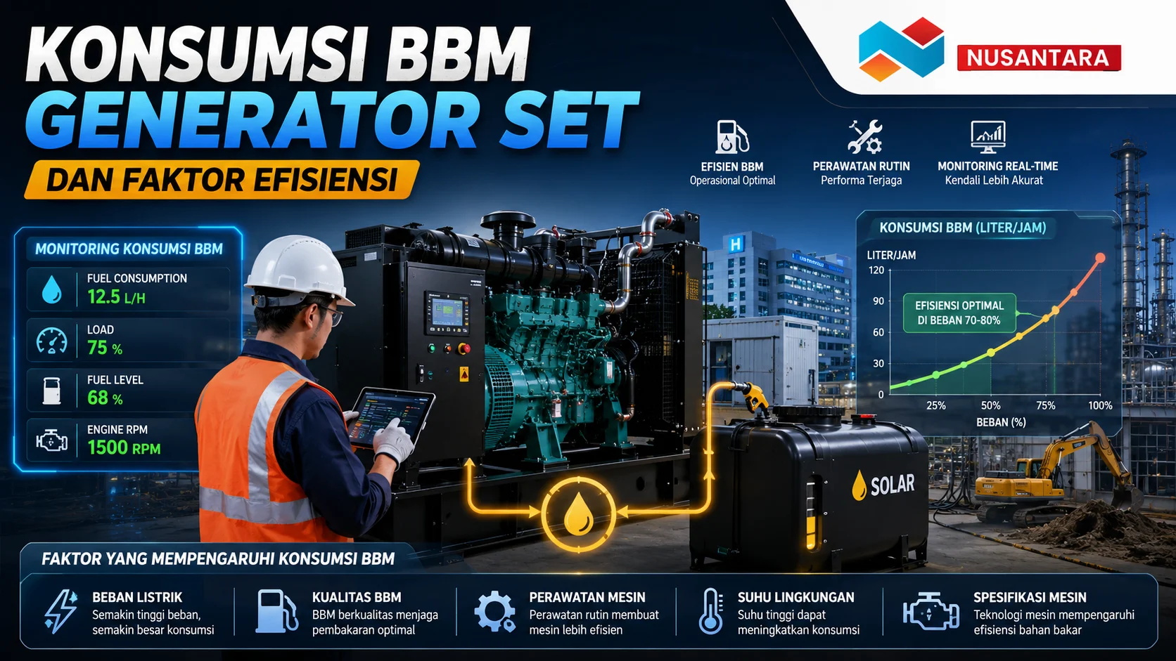 Konsumsi BBM Generator Set dipengaruhi oleh kapasitas mesin, beban listrik, kualitas bahan bakar, dan perawatan rutin untuk meningkatkan efisiensi operasional sistem standby power.
