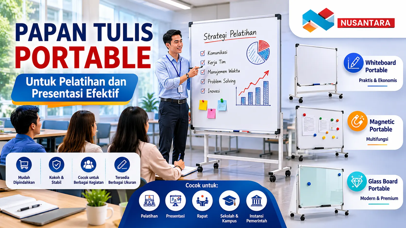 Papan Tulis Portable untuk pelatihan presentasi seminar dan kegiatan rapat yang fleksibel