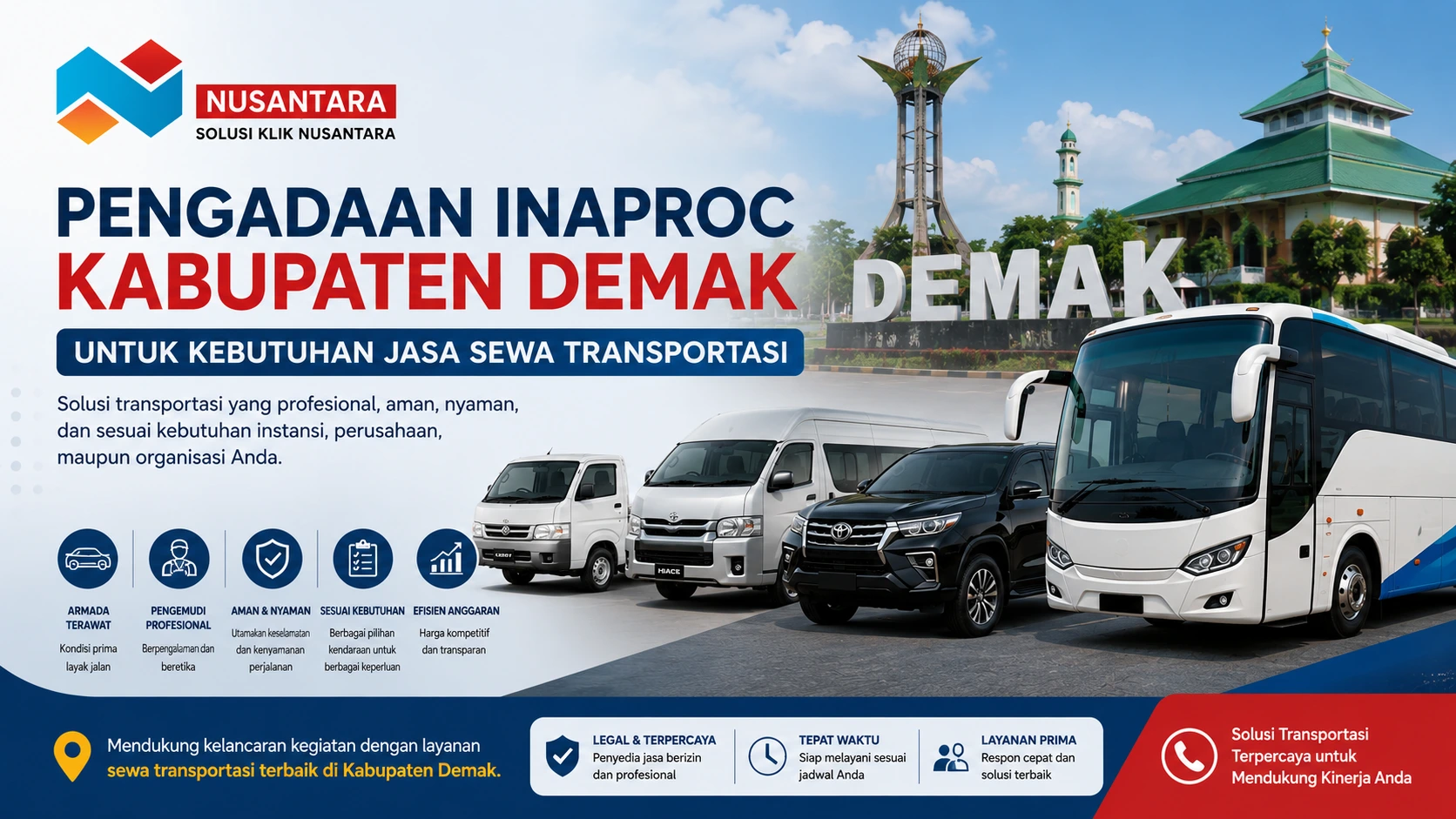 Pengadaan Inaproc Kabupaten Demak untuk kebutuhan jasa sewa transportasi dengan ilustrasi armada kendaraan dan logo Solusi Klik Nusantara