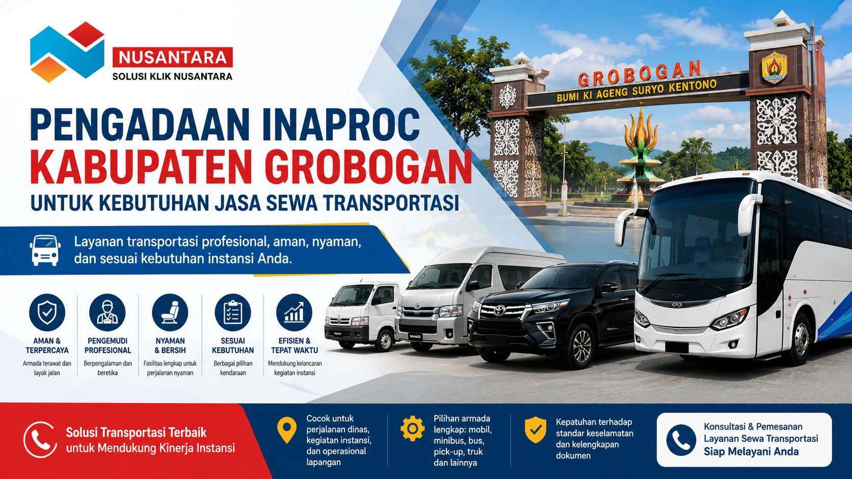 Pengadaan Inaproc Kabupaten Grobogan untuk kebutuhan jasa sewa transportasi dengan ilustrasi armada transportasi dan logo Solusi Klik Nusantara.