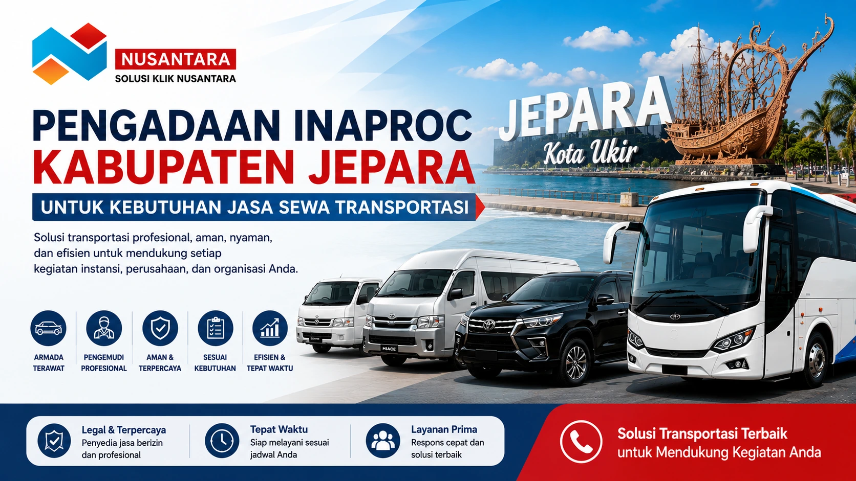 Pengadaan Inaproc Kabupaten Jepara untuk kebutuhan jasa sewa transportasi dengan ilustrasi armada transportasi dan logo Solusi Klik Nusantara.
