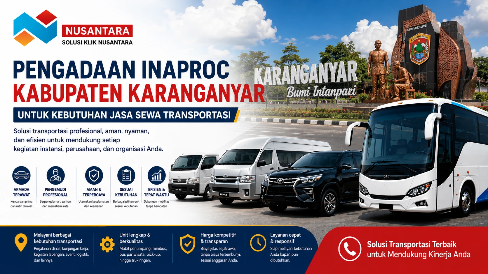 Pengadaan Inaproc Kabupaten Karanganyar untuk kebutuhan jasa sewa transportasi dengan ilustrasi armada kendaraan dan logo Solusi Klik Nusantara.