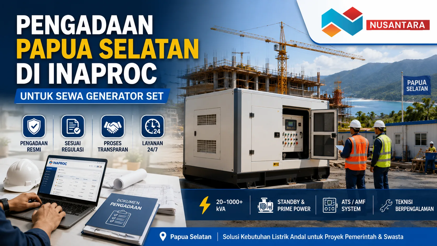 Pengadaan Papua Selatan di Inaproc untuk jasa sewa generator set, menampilkan generator set silent, proyek konstruksi, dan proses pengadaan pemerintah sebagai solusi standby power di Papua Selatan.