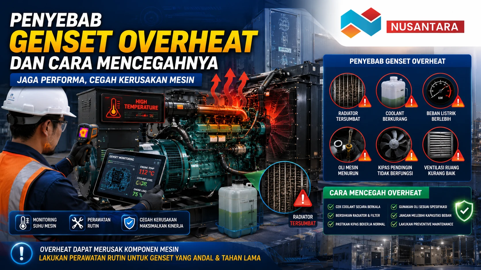 Penyebab Genset Overheat akibat radiator tersumbat, coolant berkurang, beban listrik berlebih, dan sistem pendingin yang tidak optimal pada generator set.