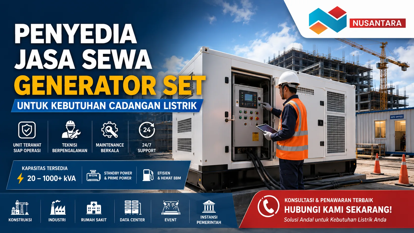 Penyedia Jasa Sewa Generator Set untuk kebutuhan cadangan listrik dengan generator set silent, teknisi profesional, dan proyek konstruksi sebagai solusi standby power yang andal.