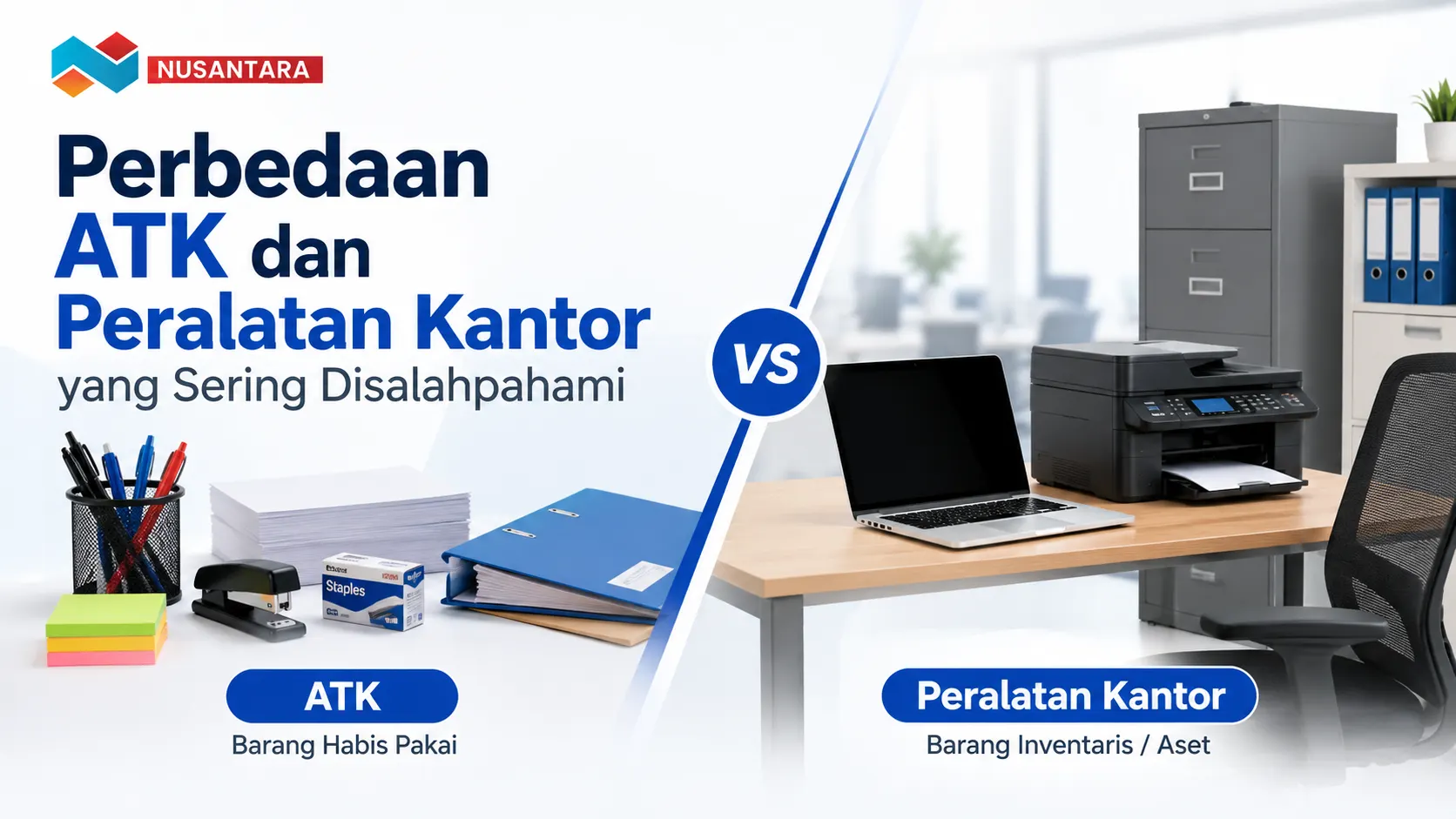 Perbedaan ATK dan peralatan kantor antara barang habis pakai seperti pulpen dan kertas dengan barang inventaris seperti laptop dan printer