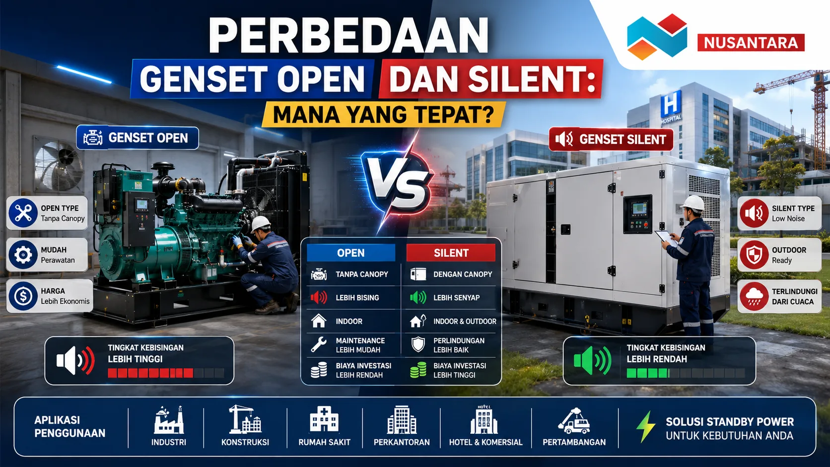 Perbedaan Genset Open dan Silent berdasarkan konstruksi, tingkat kebisingan, serta penggunaan pada proyek konstruksi, industri, rumah sakit, dan gedung komersial.