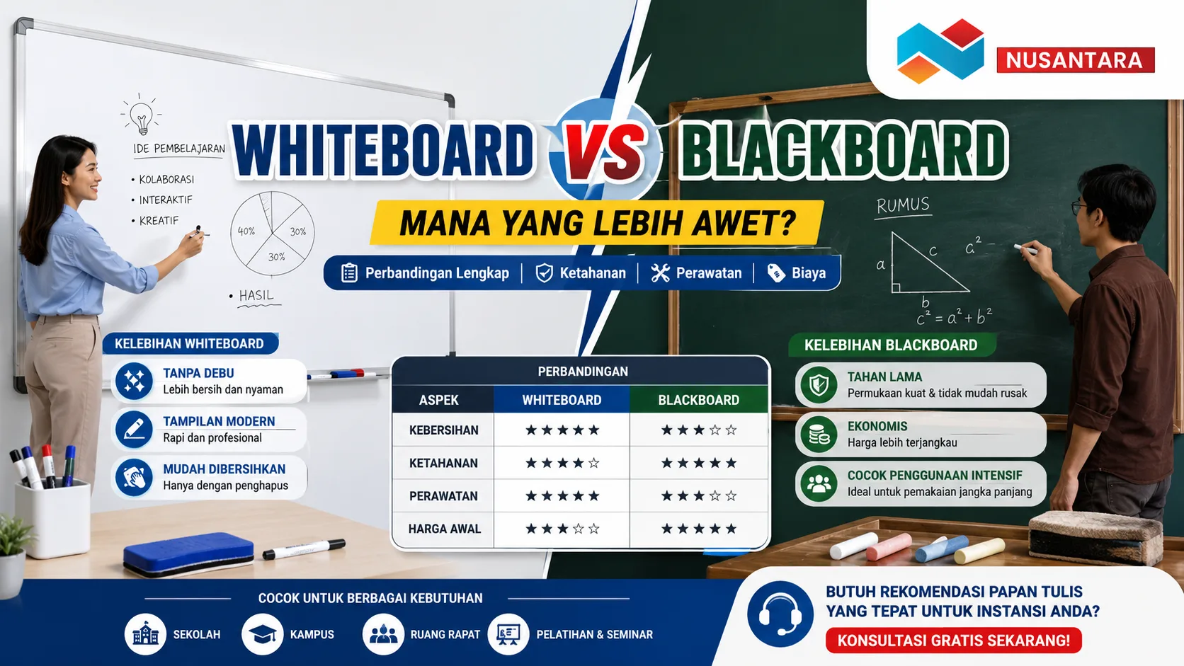 Perbedaan Whiteboard dan Blackboard untuk sekolah berdasarkan ketahanan perawatan dan biaya penggunaan