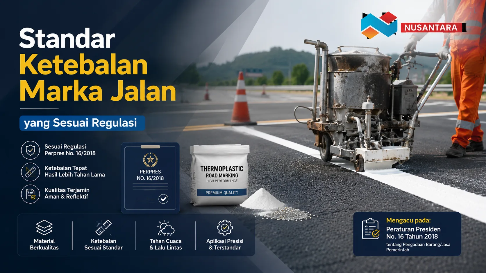 Standar ketebalan marka jalan sesuai regulasi menggunakan material thermoplastic pada proyek konstruksi jalan untuk menghasilkan marka yang tahan lama dan memiliki visibilitas tinggi.