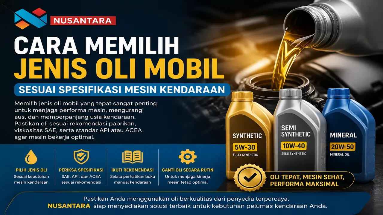 Jenis oli mobil sintetis, semi sintetis, dan mineral sesuai spesifikasi mesin kendaraan untuk performa optimal