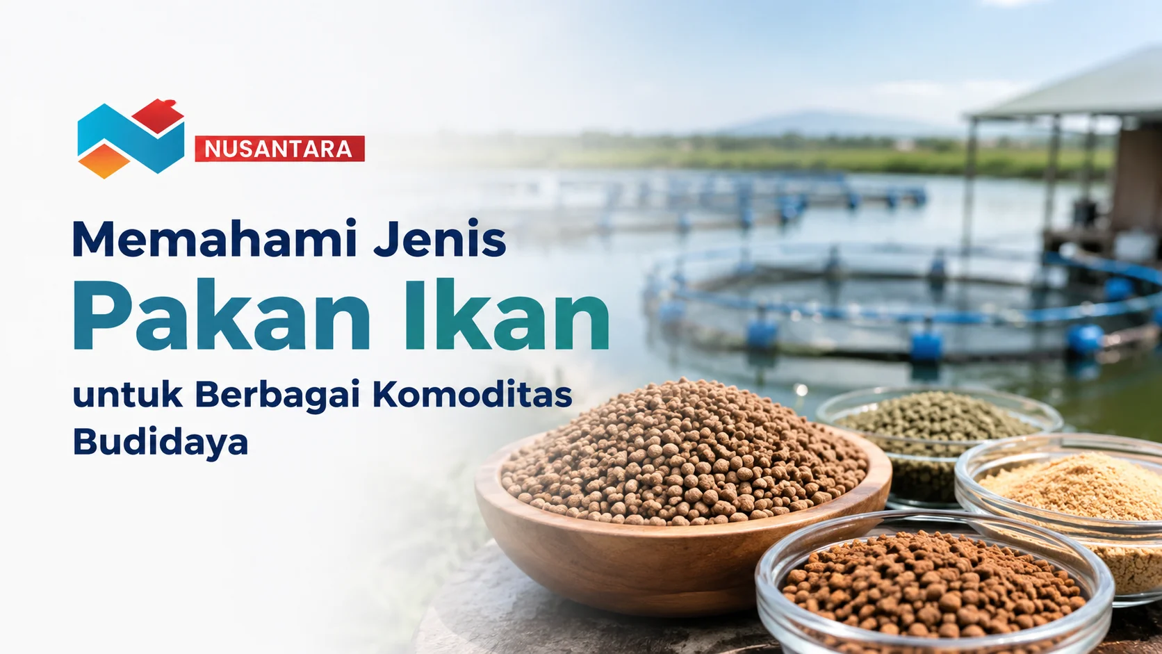 Gambar ilustrasi Memahami jenis pakan ikan untuk berbagai komoditas budidaya dengan ilustrasi pakan ikan dan area budidaya perikanan.