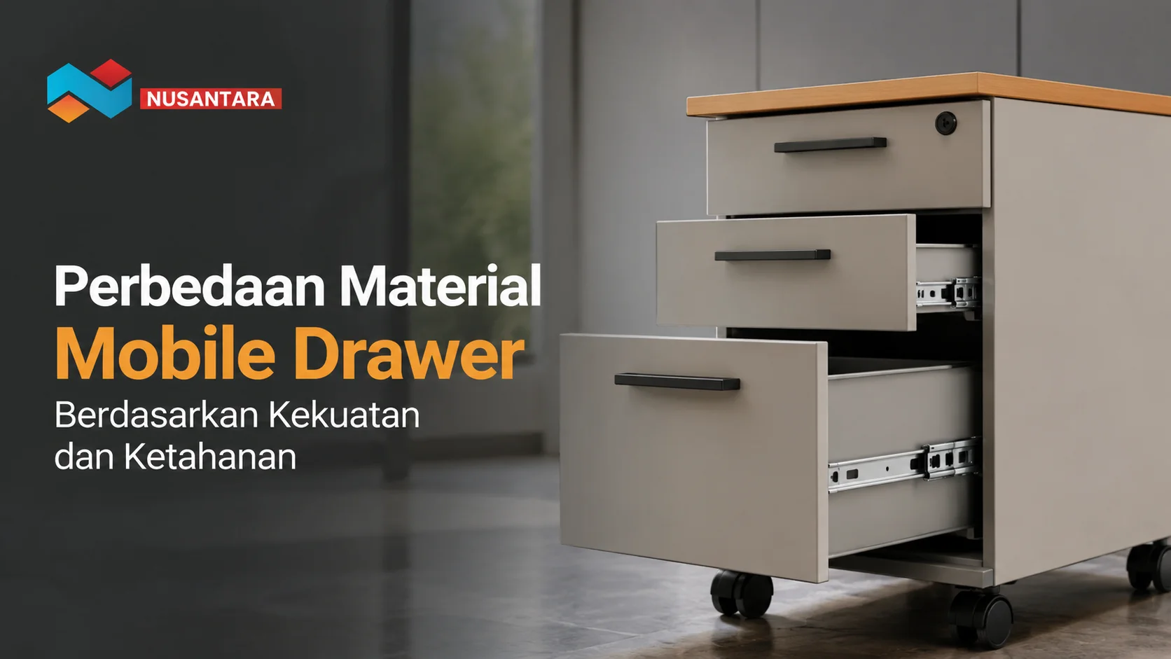 Ilustrasi gambar Perbedaan material mobile drawer berdasarkan kekuatan dan ketahanan untuk kebutuhan penyimpanan kantor.