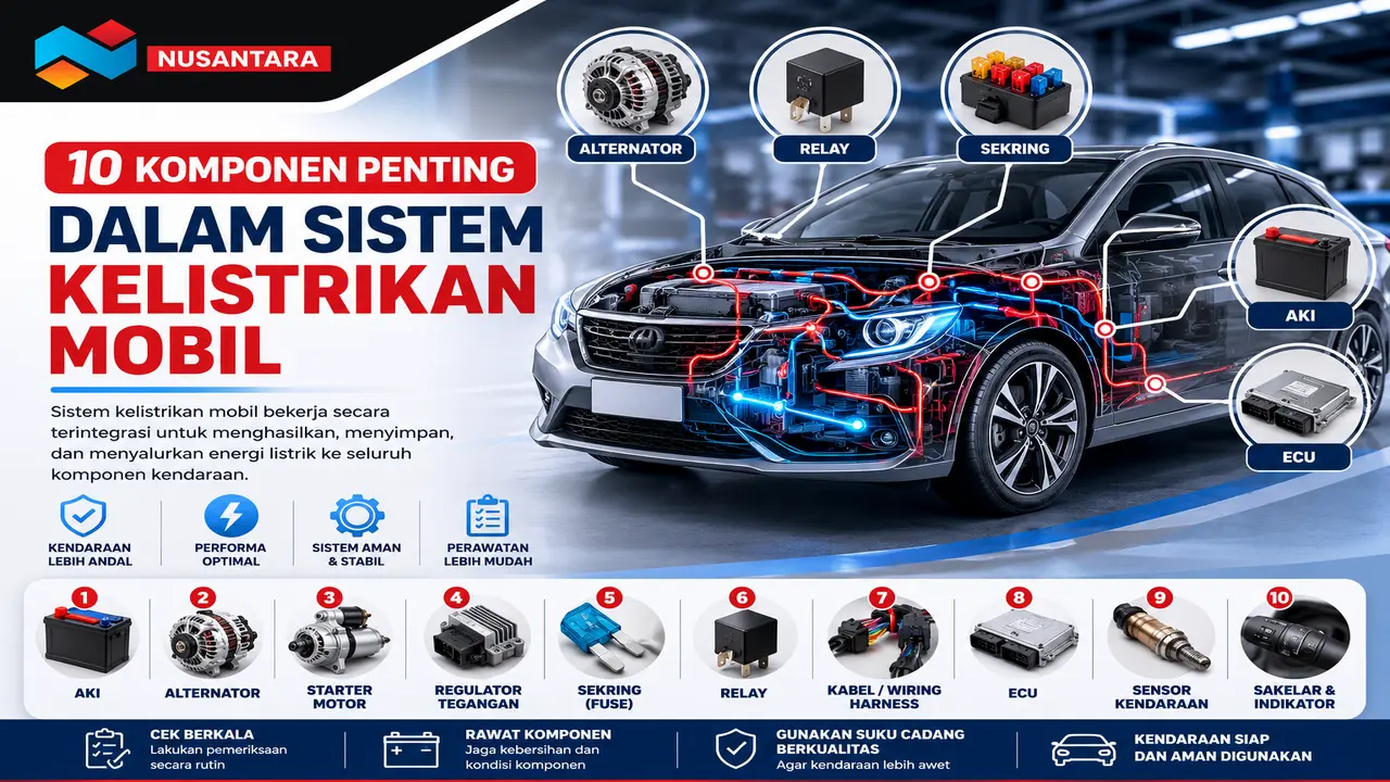 sistem kelistrikan mobil yang menampilkan aki, alternator, dan komponen utama sistem kelistrikan kendaraan.