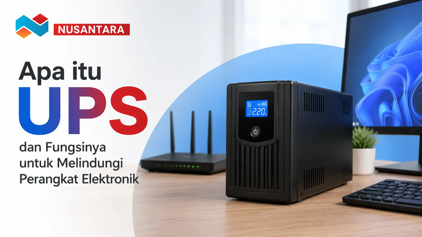 Ilustrasi apa itu UPS (Uninterruptible Power Supply) untuk melindungi perangkat elektronik seperti komputer dari gangguan listrik dan pemadaman daya.