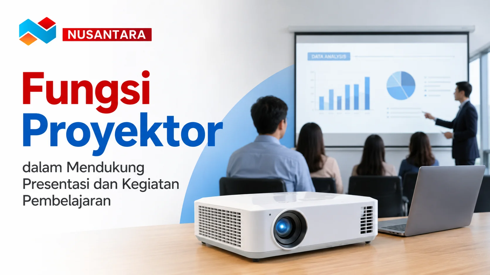 Ilustrasi fungsi proyektor dalam mendukung presentasi dan kegiatan pembelajaran dengan tampilan proyektor, layar presentasi, dan laptop di ruang rapat.
