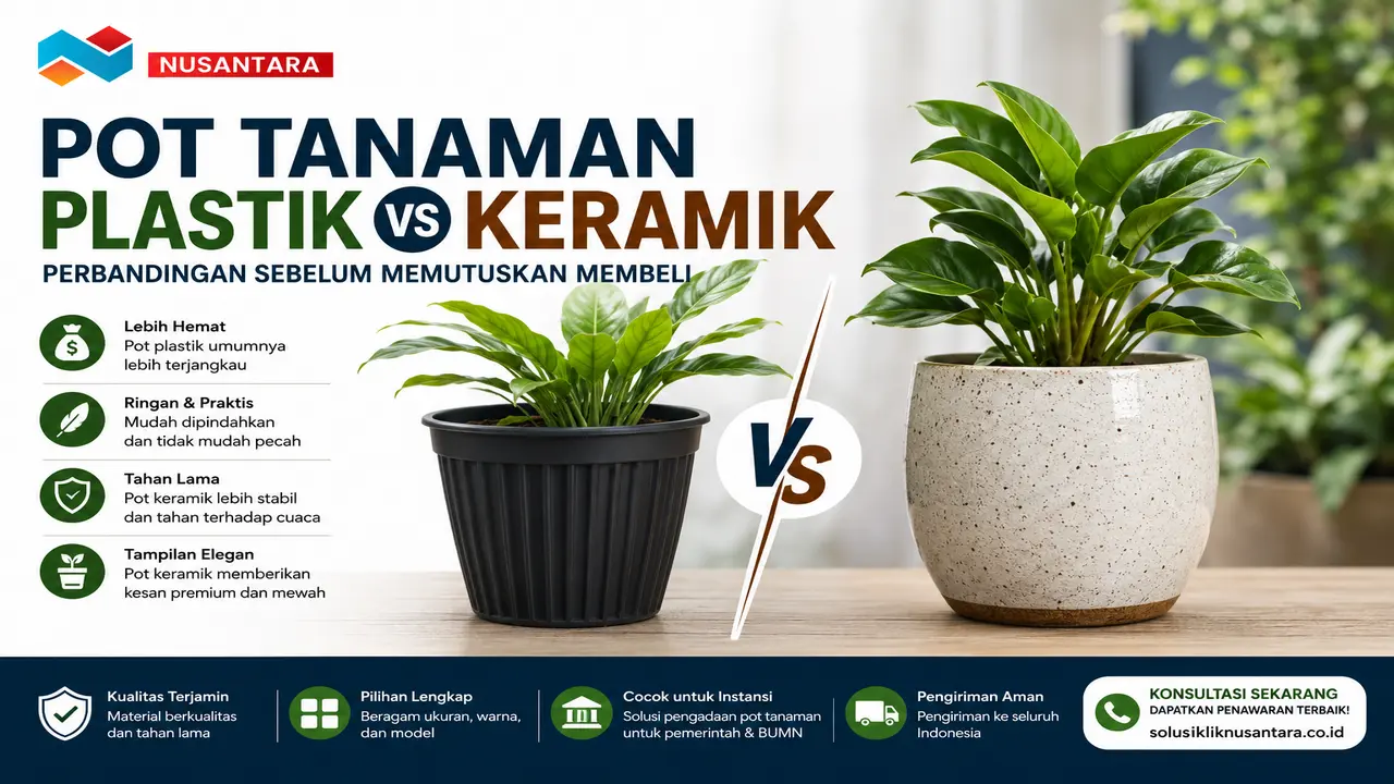 Pot tanaman plastik vs keramik untuk kebutuhan taman rumah, kantor, dan ruang publik dengan berbagai pilihan material berkualitas dari Solusi Klik Nusantara.